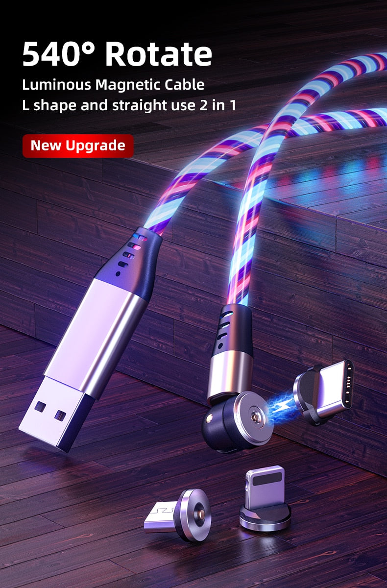 TegaGear™ LUMIO™ 540° Rotate Luminous Magnetic Cable 3A Fast Charging Mobile Phone Cable For Samsung Xiaomi iPhone.