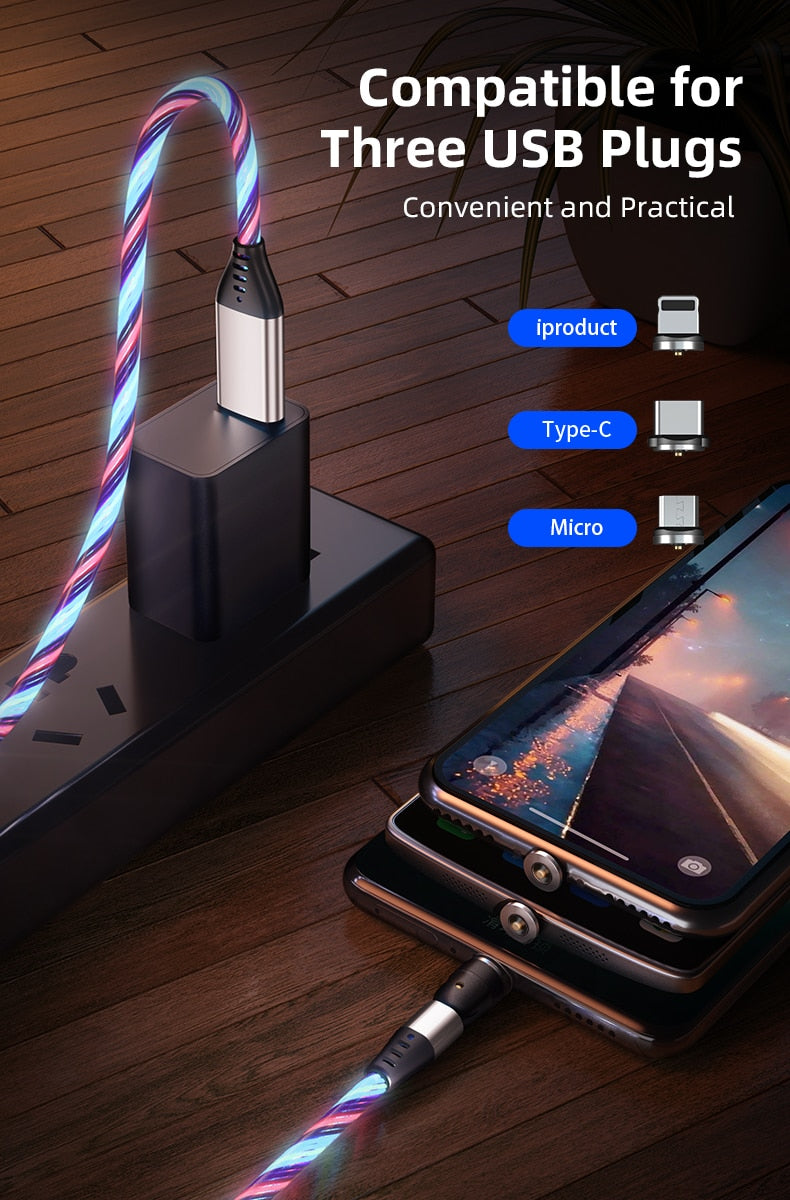 TegaGear™ LUMIO™ 540° Rotate Luminous Magnetic Cable 3A Fast Charging Mobile Phone Cable For Samsung Xiaomi iPhone.