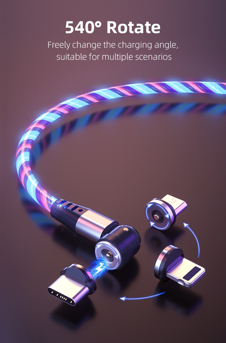 TegaGear™ LUMIO™ 540° Rotate Luminous Magnetic Cable 3A Fast Charging Mobile Phone Cable For Samsung Xiaomi iPhone.