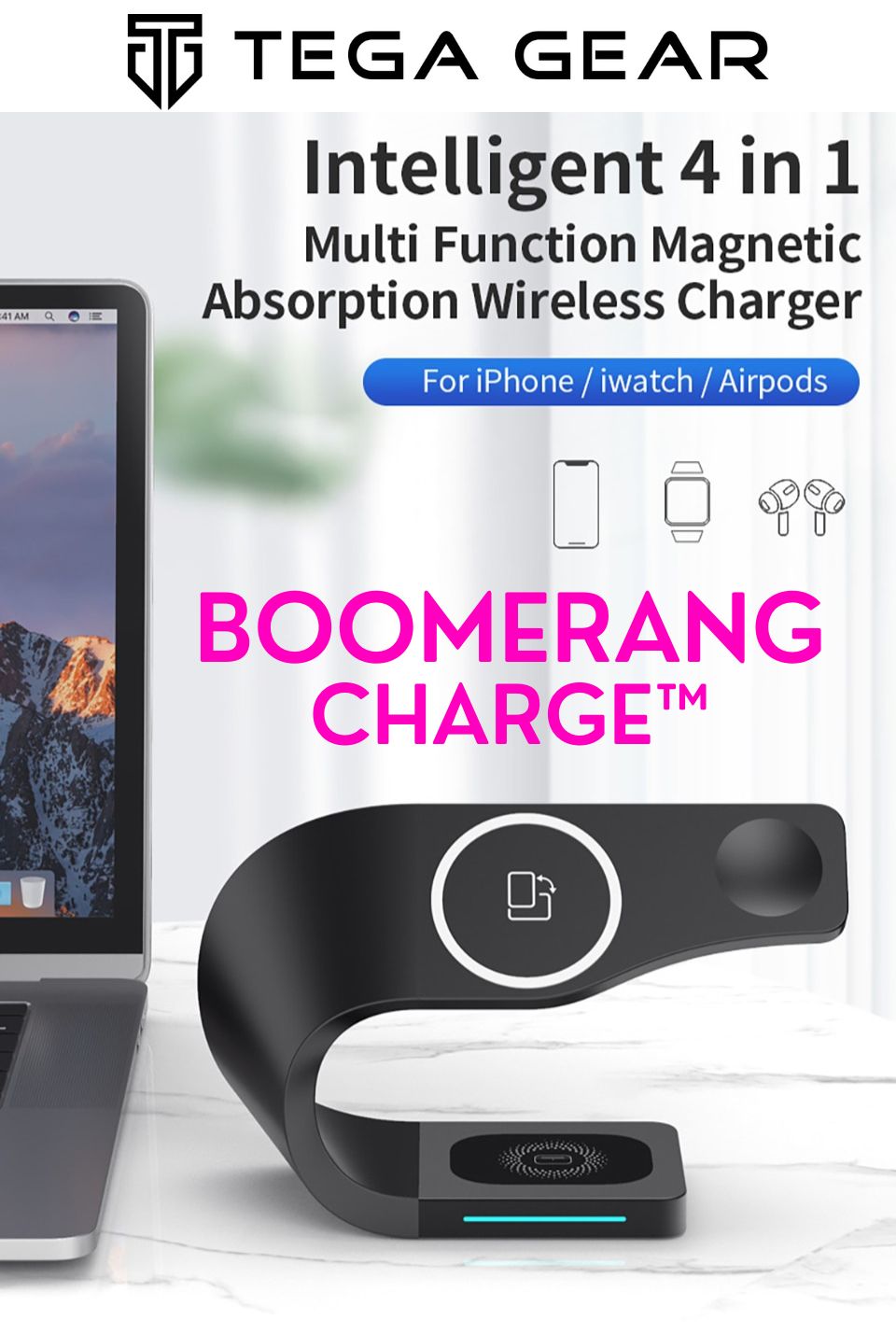 TegaGear™ Boomerang Charge™ Intelligent 3 In 1 Wireless Stand Dock For iPhone.