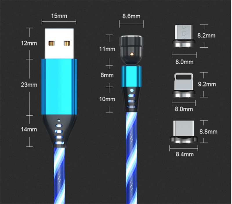 TegaGear™ LUMIO™ 540° Rotate Luminous Magnetic Cable 3A Fast Charging Mobile Phone Cable For Samsung Xiaomi iPhone.