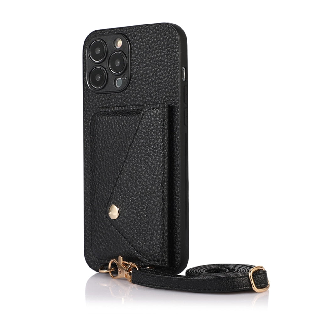 TegaGear™ LANDY™ Crossbody Lanyard Cord Necklace Card Slot Holder Leather Case For iPhone.