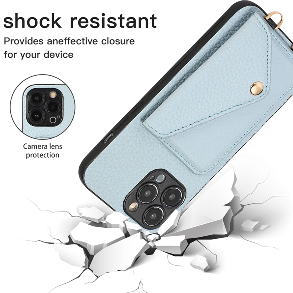 TegaGear™ LANDY™ Crossbody Lanyard Cord Necklace Card Slot Holder Leather Case For iPhone.