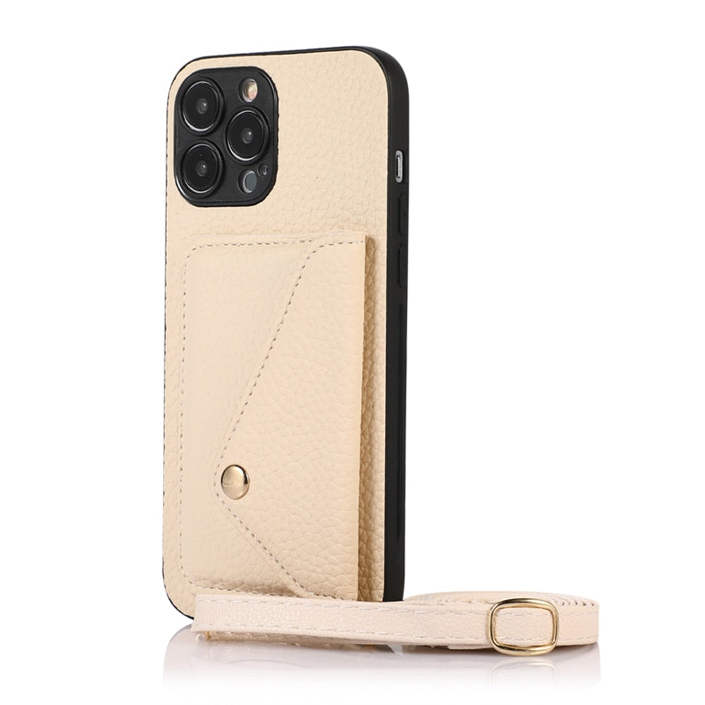 TegaGear™ LANDY™ Crossbody Lanyard Cord Necklace Card Slot Holder Leather Case For iPhone.